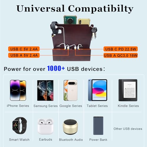 Nightstand Organizer with Drawer Built in 4 USB Quick Charger, Wood Phone Docking Station with Dual Phone Charging Station for Apple Android Phones Anniversary Birthday Gifts for Men Dad Hunsband Mom