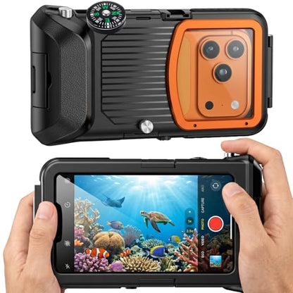 Underwater Phone Case for iPhone 17/Air/16/15 Pro Max, 50ft/15m Professional Scuba Snorkeling Diving Phone Case with Vacuum Seal & Mechanical Shutter, Housing with Compass, No Vignetting for Swimming - color: Dark