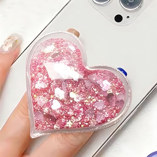 Cute Heart-Shaped Expanding Phone Grip - Pink Quicksand Glitter Collapsible Phone Mount Holder Stand for Girls Women, Lovely Phone Charm and Accessories，Finger Snap Grip Holder for Kindle, iPhone