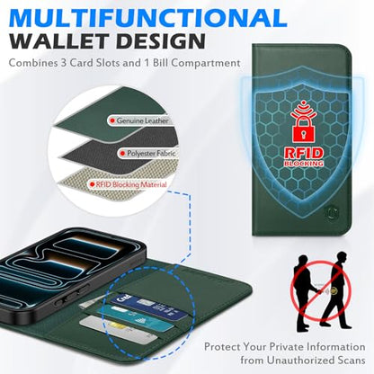 SHIELDON Genuine Leather Wallet Case for iPhone 17 Pro Max 6.9", Evergreen | RFID Blocking, Credit Card Holder, Magnetic Closure, Kickstand, Folio Design, Full Protection, Shockproof Phone Cover - color: Evergreen