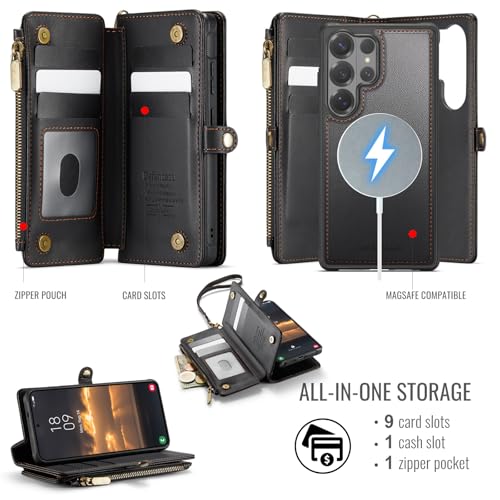 Defencase for Galaxy S26 Ultra Case Wallet Compatible with Magsafe, Black | Magnetic Detachable, RFID Bolcking Card Holder, Zipper Strap, PU Leather Drop-Proof Phone Cover for Samsung Galaxy S26 Ultra - color: (Detachable with Magsafe)-Black