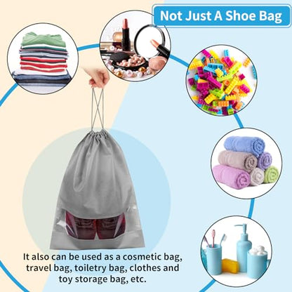 Grey Travel Shoe Bags - 10 Pcs Non-Woven Packing Bags with Clear Window | 15.7" x 11.8" Waterproof Dustproof Portable Travel Shoe Storage Bag for Men and Women - color: Grey, style: 10 Pack