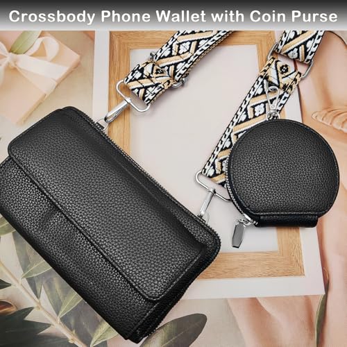 Cell Phone Crossbody Lanyard with Zipper Pouch PU Leather Crossbody Phone Bags Purses with Strap Wallet - color: Black