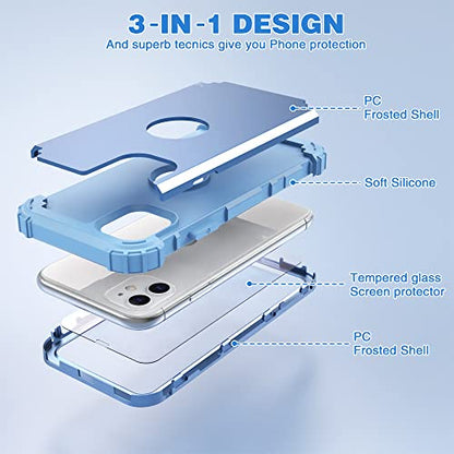 IDweel for iPhone 11 Case with Screen Protector(Tempered Glass), Hybrid 3 in 1 Shockproof Slim Fit Heavy Duty Protection Hard PC Cover Soft Silicone Bumper Full Body Case,Peace Blue/Peace Blue - color: Peace Blue/Peace Blue