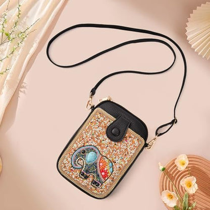 Women's Small Crossbody Cell Phone Bag, Boho Colorful Beaded Purse Wallet with Handmade Cute Patterns - color: Elephant-brown