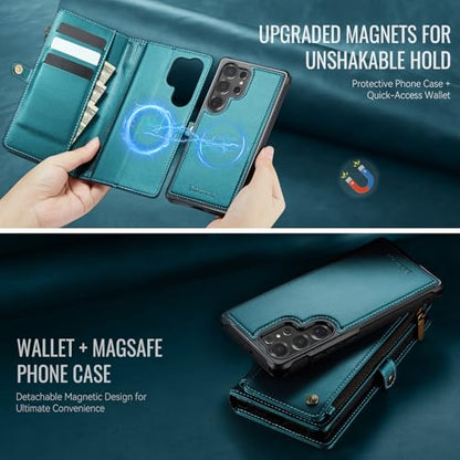 Defencase for Galaxy S22 Ultra Case Wallet Compatible with Magsafe, Green | Magnetic Detachable, RFID Bolcking Card Holder, Zipper Strap, PU Leather Drop-Proof Phone Cover for Samsung Galaxy S22 Ultra - color: (Detachable with Magsafe)-Blue Green