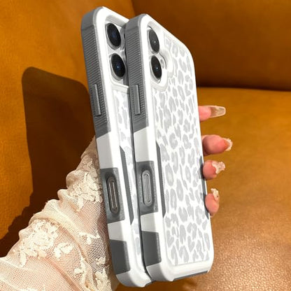 Cute White Leopard Light Gray Cheetah Case for iPhone 16 Plus | Heavy Duty Tough Rugged Full body Protection Shockproof Protective Phone Case for Women Girls - color: iPhone 16 Plus
