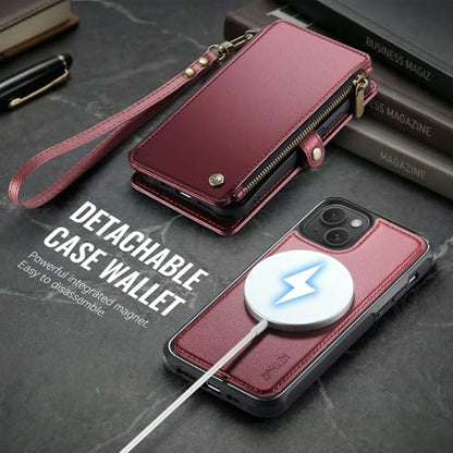 for iPhone 14 - Phone Case Wallet Magnetic Detachable, Burgundy - color: Burgundy, size: iPhone 14