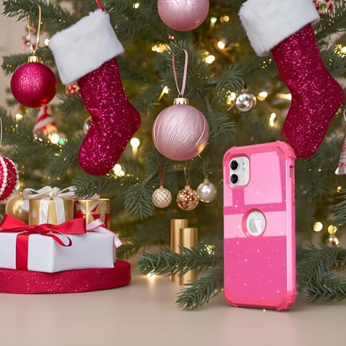 IDweel for iPhone 11 Case with Screen Protector(Tempered Glass), Hybrid 3 in 1 Shockproof Slim Fit Heavy Duty Protection Hard PC Cover Soft Silicone Bumper Full Body Case,Glitter Rose Red - color: Glitter Rose Red