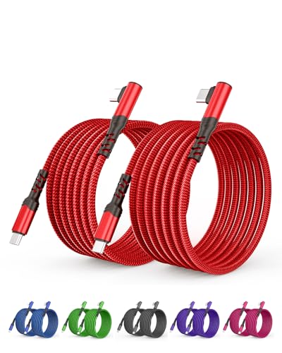 Red 2 Pack 10FT 60W/3A Nylon Braided USB C to USB C Cable, Right Angle 90 Degree, Fast Charging for iPhone 16/15, iPad Pro/Mini/Air, MacBook, Samsung Galaxy S24 and More - color: Red