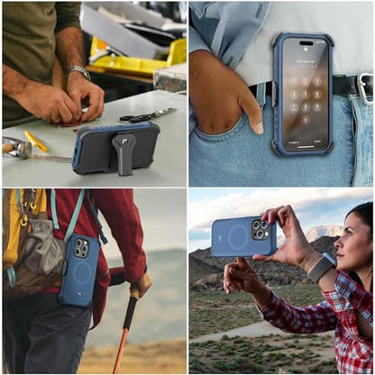 M MYBAT PRO Maverick Series Case for iPhone 15 Pro with Belt Clip Holster,[Compatible with Magsafe] w/Screen Protector,Anti-Drop,Shockproof,with 360°Rotating Kickstand,Heavy Duty Protection - color: Blue