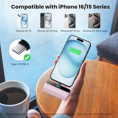 [2 Packs] Small Portable Charger 5500mAh for iPhone 15/16,LCD Display 15W PD Fast Charging Power Bank,USB-C Connector,Mini Battery Pack Compatible with 16/16 Pro Max/15/15 Pro Max Android Galaxy etc - color: Black+Pink