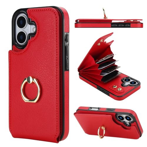 Folosu for iPhone 17 Case Wallet with Card Holder, Finger Ring Cover Red - color: Red