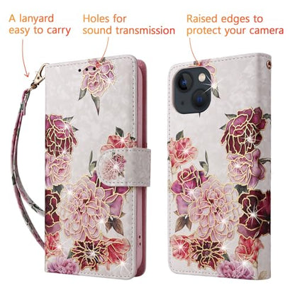 UEEBAI Wallet Case for iPhone 13, PU Leather Phone Cover Kickstand RFID Blocking Flip Case Card Slots Wrist Strap Relief Engraved Pattern Magnetic Closure Flower Folio Wallet, White Flower - color: White Flower, size: iPhone 13