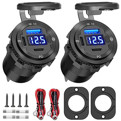USB C Car Charger Socket 12V USB Outlet 2 Pack: Aluminum Metal 78W Dual PD 30W and 18W QC3.0 Port Multi Charger Outlet with LED Voltmeter Power Switch for RV Motorcycle Boat Marine
