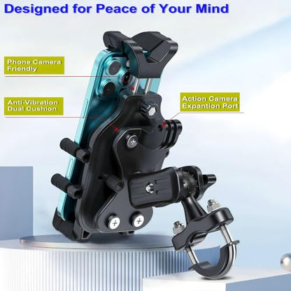 Motorcycle Phone Mount, Heavy Duty Bike Holder with 8-Claw Spider Lock & 4 Shock Absorbers - Anti-Vibration Dual Cushion, Dual Lock System, Action Camera Expansion, for 4.5-7.2" Cellphones