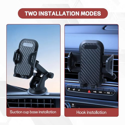 Car Phone Holder, Strong Suction Cup Dashboard Cellphone Holder for Car, Extendable&Foldable, 360° Adjustable Vehicle Phone Mount with Air Vent Hook, Universal Fit All Smartphones (2 in 1)