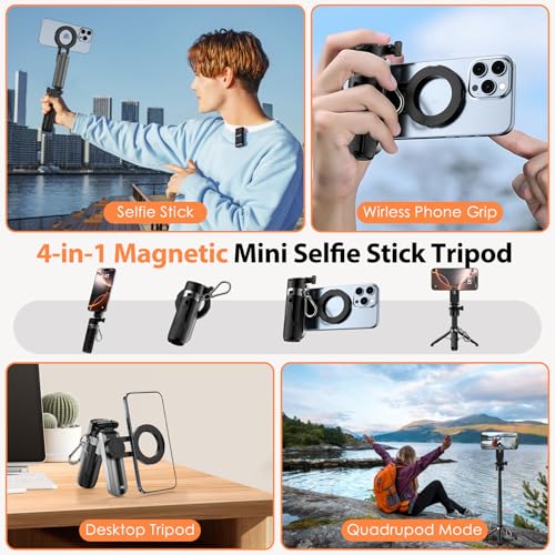 CloudValley Upgraded Magnetic Mini Selfie Stick Tripod with 2 Fill Lights, 4-in-1 Pocket Size Phone Tripod with 360° Rotation, Rechargeable Bluetooth Remote, Foldable Grip for iPhone Vlog Photo Video - style: with Fill Lght
