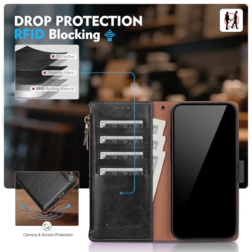 Compatible with iPhone 17e / 16e Wallet Case with Card Holder RFID Blocking Zipper Poket PU Leather Flip Phone Case with Wrist Strap Credit Card Slots Men Women,Black - color: Black