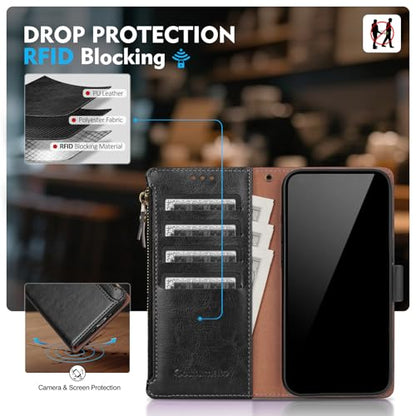 Compatible with iPhone 17e / 16e Wallet Case with Card Holder RFID Blocking Zipper Poket PU Leather Flip Phone Case with Wrist Strap Credit Card Slots Men Women,Black - color: Black