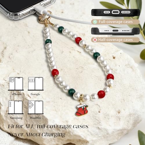 pcgaga Pearl Beaded Phone Charm, Phone Wrist Strap, Handmade Bracelet Straps, Anti-Lost Lanyard Wrist Chain for Airpods Women Girls Gift - color: Stocking