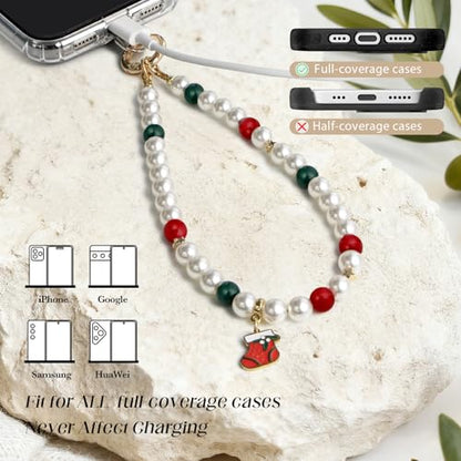 pcgaga Pearl Beaded Phone Charm, Phone Wrist Strap, Handmade Bracelet Straps, Anti-Lost Lanyard Wrist Chain for Airpods Women Girls Gift - color: Stocking