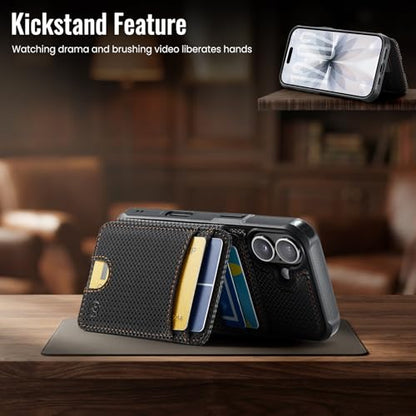 WJX for iPhone 16 Plus MagSafe Wallet Case, 2-in-1 Detachable Luxury Card Holder, Universal MagSafe Compatible, RFID Blocking, Shockproof Kickstand Slim Cover， Carbon Fiber - color: Carbon Fiber, size: iPone 16 Plus