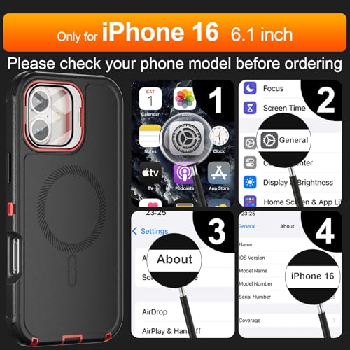 Follaroma for iPhone 16 Case with Magnetic,Heavy Duty Case,6.1'',Black-red - color: Black-red, size: iPhone 16 6.1''