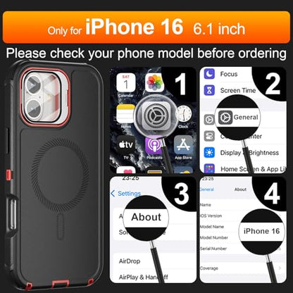 Follaroma for iPhone 16 Case with Magnetic,Heavy Duty Case,6.1'',Black-red - color: Black-red, size: iPhone 16 6.1''
