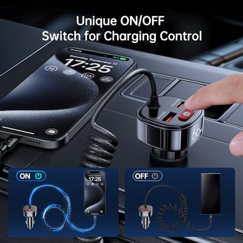 Syncwire USB C Car Charger 66W Super Fast Car Adapter with 6FT Coiled Cable - size: 6 feet