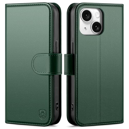 Compatible with iPhone 14 Genuine Leather Case Wallet with Card Holder,Women Men Real Leather Flip Folio RFID Blocking Credit Card Slots Kickstand Phone Cover,for Apple 14 6.1",Green - color: Green, size: iPhone 14 - 6.1"