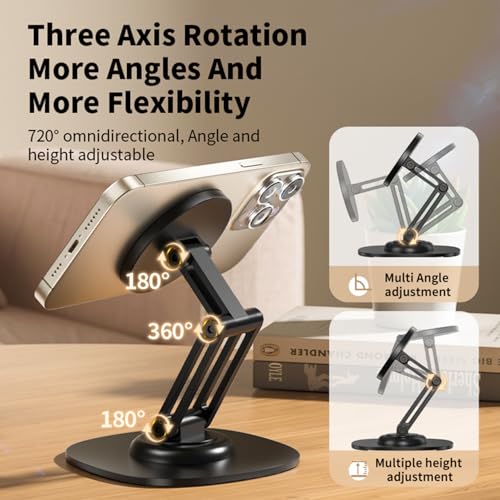 Magnetic Phone Stand for Desk 360 Rotating Adjustable Foldable Aluminum for MagSafe Cell Phone Stand Holder with Non-Slip Base Desk Stand for iPhone 17 16 Pro Max/15/14/13/12 Plus Air (White) - color: White