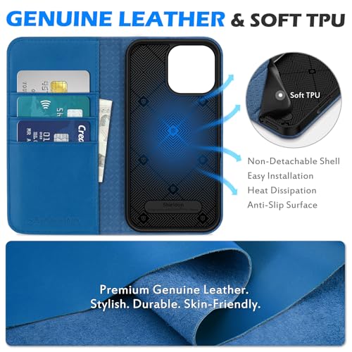 SHIELDON Real Leather Wallet Case for iPhone 16 Pro Max 6.9", Sapphire Blue | Magnetic Closure, RFID Blocking, Credit Card Holder, Viewing Stand, Foldable Design, Shockproof Protective Cover - color: Sapphire Blue