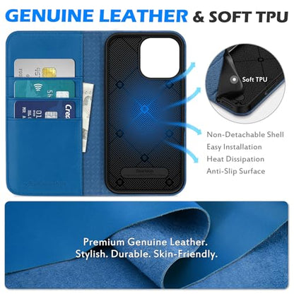 SHIELDON Real Leather Wallet Case for iPhone 16 Pro Max 6.9", Sapphire Blue | Magnetic Closure, RFID Blocking, Credit Card Holder, Viewing Stand, Foldable Design, Shockproof Protective Cover - color: Sapphire Blue