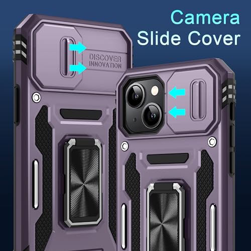 DEERLAMN Case for iPhone 15 with Slide Camera Cover + Screen Protector (2 Packs), Rotated Ring Kickstand Military Grade Shockproof Protective Cover-Deep Purple - color: Deep Purple