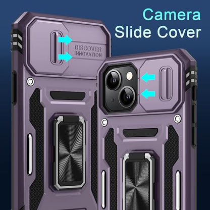 DEERLAMN Case for iPhone 15 with Slide Camera Cover + Screen Protector (2 Packs), Rotated Ring Kickstand Military Grade Shockproof Protective Cover-Deep Purple - color: Deep Purple