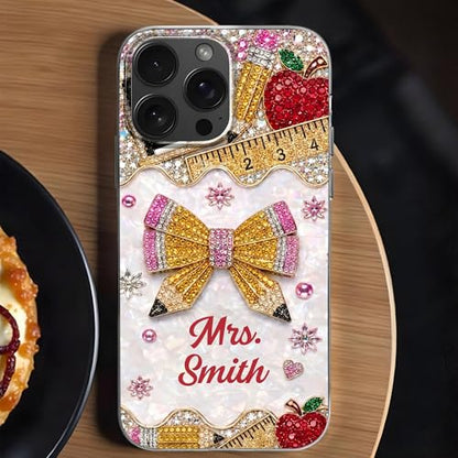 Mrs. Pencil Bow and Red Apple 3D Rhinestone - Personalized Clear Phone Case Teacher Appreciation Gift Tech Accessories