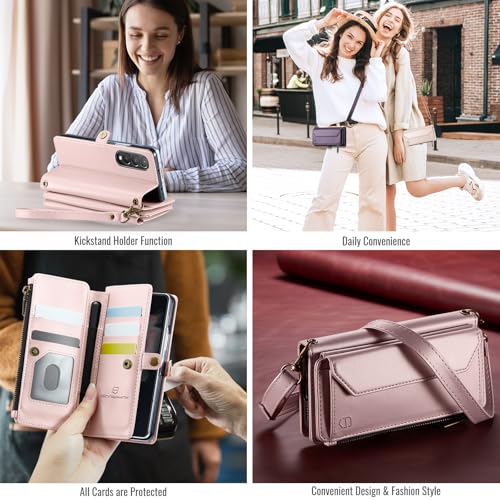 Strapurs Crossbody Wallet Case Compatible with Samsung Galaxy Z Fold 3 with RFID Blocking Card Holder & Pen Holder Slot Soft PU Leather Shoulder Strap Zipper Pocket Purse Fold 3 Phone Case, Rose Gold | RFID Blocking 5-Card Holder, Shoulder Lanyard, Wirst
