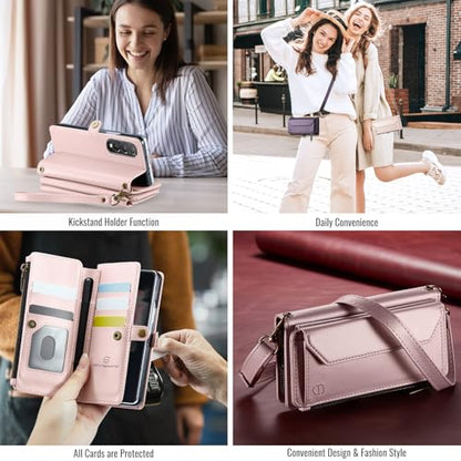 Strapurs Crossbody Wallet Case Compatible with Samsung Galaxy Z Fold 3 with RFID Blocking Card Holder & Pen Holder Slot Soft PU Leather Shoulder Strap Zipper Pocket Purse Fold 3 Phone Case, Rose Gold | RFID Blocking 5-Card Holder, Shoulder Lanyard, Wirst
