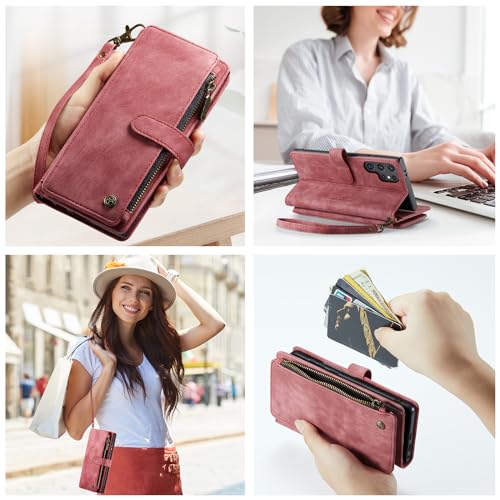 Samsung Galaxy S24 Ultra 5G Wallet Case with Card Holder Kickstand Magnetic Zipper Pocket Lanyard Strap Wristlet,Leather Flip Case Wallet for Samsung Galaxy S24 Ultra 5G 6.8 Inch (Red) - color: Red, size: S24 Ultra 6.8 Inch