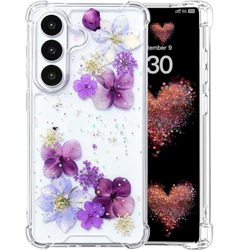 [Real Dried Flower] for Samsung Galaxy S26 Plus Case Clear Glitter Dried Pressed Flower Case for Galaxy S26 Plus Cute Soft Silicone TPU Bling Sparkle Women Girls Floral Cover(Purple Flower) - color: Purple Flower, size: for Galaxy S26 Plus