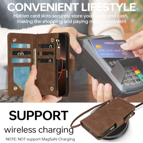 RANYOK Compatible iPhone 16 Pro Max Wallet Case - PU Leather Wallet Case with Credit Card Holder RFID Blocking Zipper Pocket [Wrist Strap] Protective Case (Brown) - color: Brown, size: iPhone 16 Pro Max, 6.9"