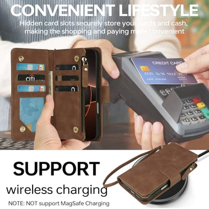 RANYOK Compatible iPhone 16 Pro Max Wallet Case - PU Leather Wallet Case with Credit Card Holder RFID Blocking Zipper Pocket [Wrist Strap] Protective Case (Brown) - color: Brown, size: iPhone 16 Pro Max, 6.9"