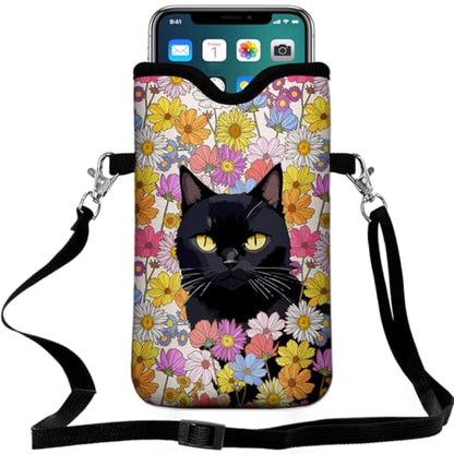 Universal Neoprene Cell Phone Pouch 7.1 X 4 in Mobile Protection Case Bag with Crossbody Strap/Neck Lanyard Black Cat Floral Printed Pattern - color: Black Cat Floral Printed Pattern