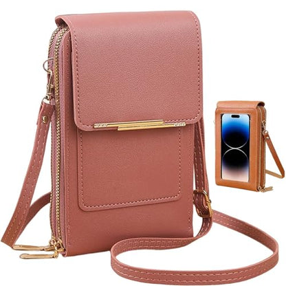 Women's Touch Screen Mobile Phone Messenger Bag, RFID Leather Crossbody Wallet Purse, Anti-Theft Shoulder Strap - color: Deep Pink