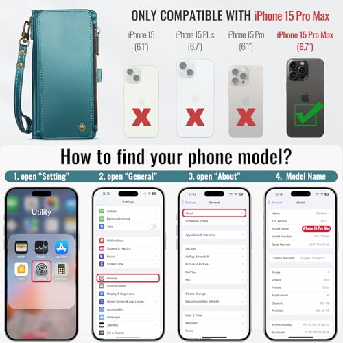 Defencase for iPhone 15 Pro Max Wallet Case with RFID Card Holder, Green | Durable Soft PU Leather, with Zipper Pocket, Wrist Strap, Fashion Snap Flip Phone Cases Cover with Stand for Women and Men - color: Blue Green