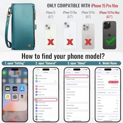 Defencase for iPhone 15 Pro Max Wallet Case with RFID Card Holder, Green | Durable Soft PU Leather, with Zipper Pocket, Wrist Strap, Fashion Snap Flip Phone Cases Cover with Stand for Women and Men - color: Blue Green