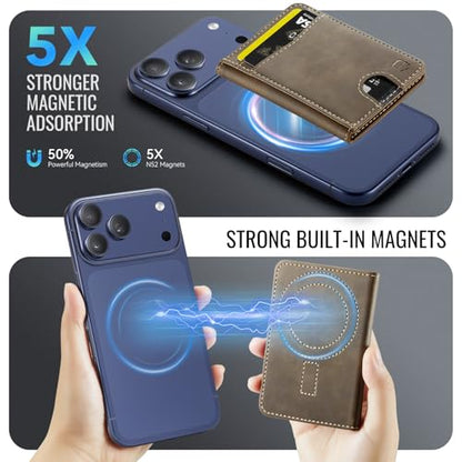Strapurs Strong Magnetic Wallet Card Holder for MagSafe Phones and Cases, Slim PU Leather Detachable Phone Wallet with 6 Card Slots RFID Blocking for iPhone 17/16/15/14/13/12/Pro/Max/Plus – Brown - color: Brown