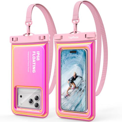 TopMade Floating Waterproof Phone Pouch, 2 Pack IP68 Waterproof Phone Case | Beach/Cruise/Travel Essentials, Detachable Lanyard, Waterproof Pouch for iPhone 17 16 15 Pro Max, Up to 7", Iridescent Pink - color: Pink