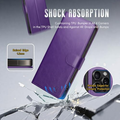 Wallet Case for iPhone 15 Pro 6.1", Purple | RFID-Blocking Card Holder, Kickstand, Magnetic Closure, PU Leather Folio Flip Cover, Protective Women Men Cases - color: Purple, size: iPhone 15 Pro
